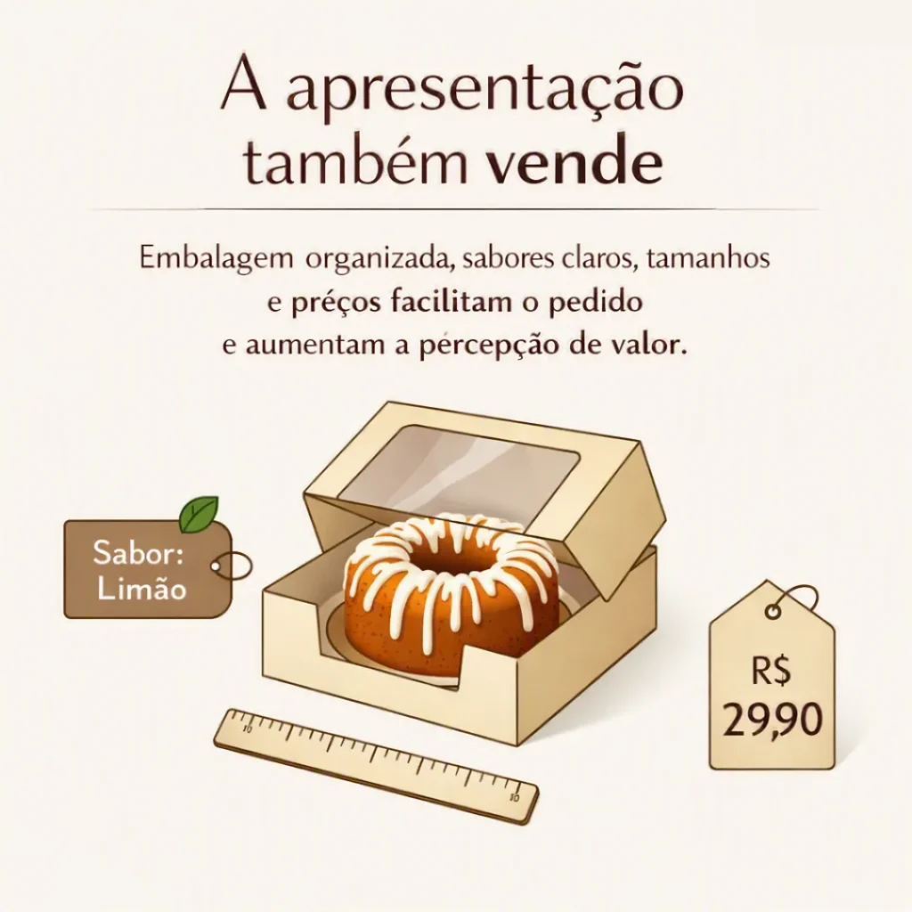 Divulgação de bolos caseiros com boas fotos, descrição dos sabores, tamanhos e preços