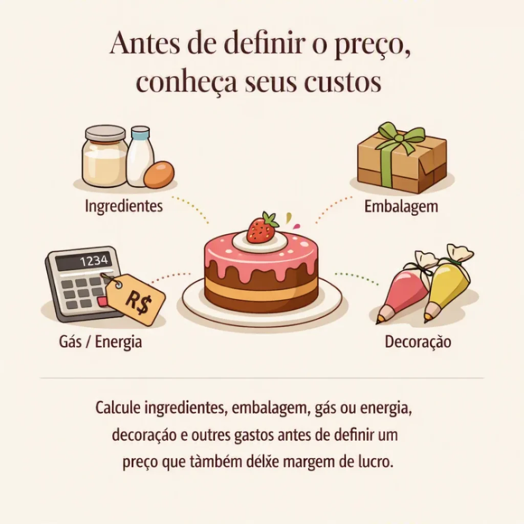 Bolo e ingredientes representando os custos que devem ser considerados antes de definir o preço
