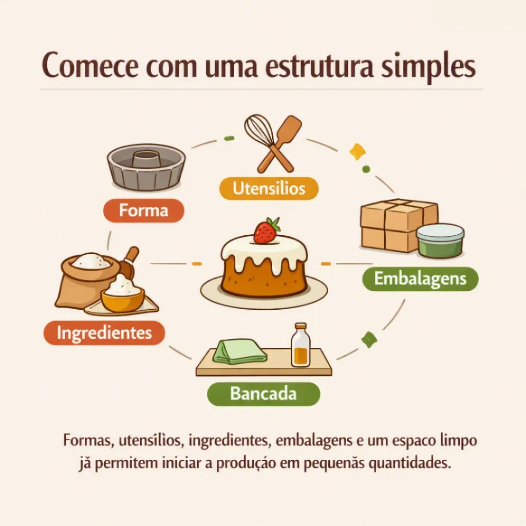 Estrutura simples para negócio de bolos caseiros com formas, utensílios, ingredientes, embalagens e espaço limpo