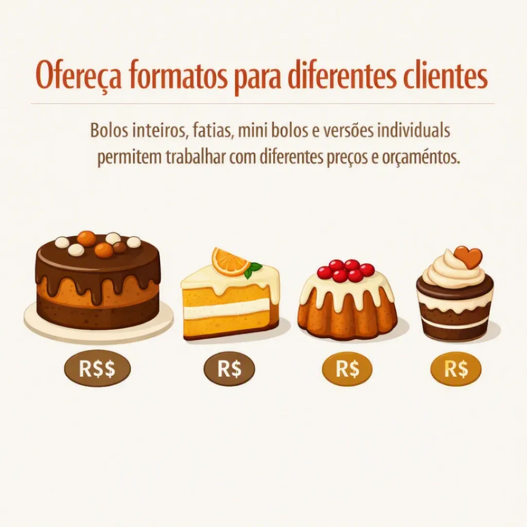 Diferentes formatos de bolos para atender clientes com diferentes orçamentos