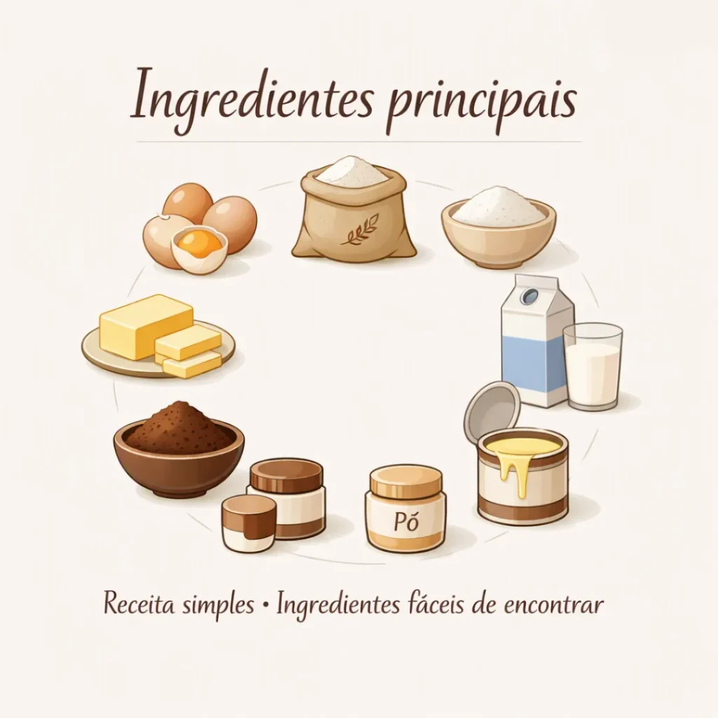 Ingredientes da receita de bolo caseiro para vender sabor chocolate.