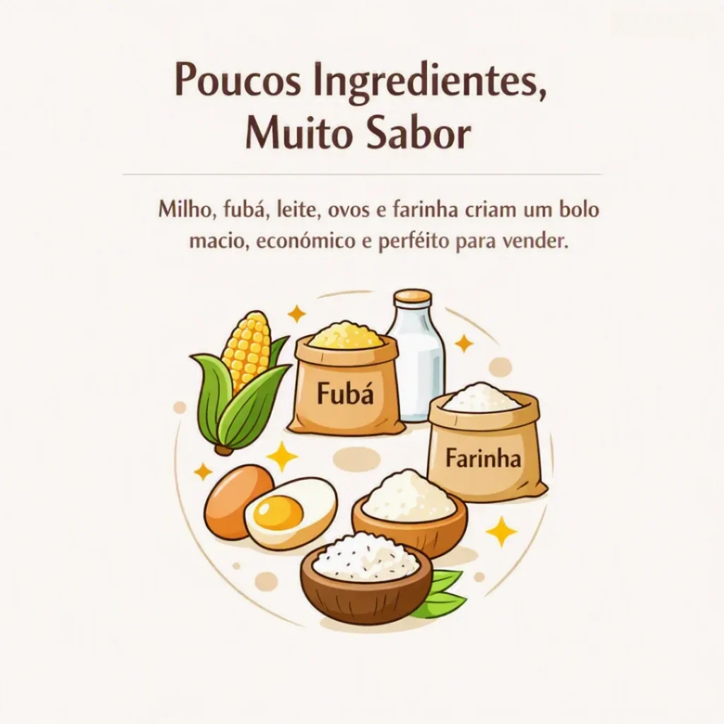 Ingredientes para preparar bolo caseiro de milho para vender com textura macia.