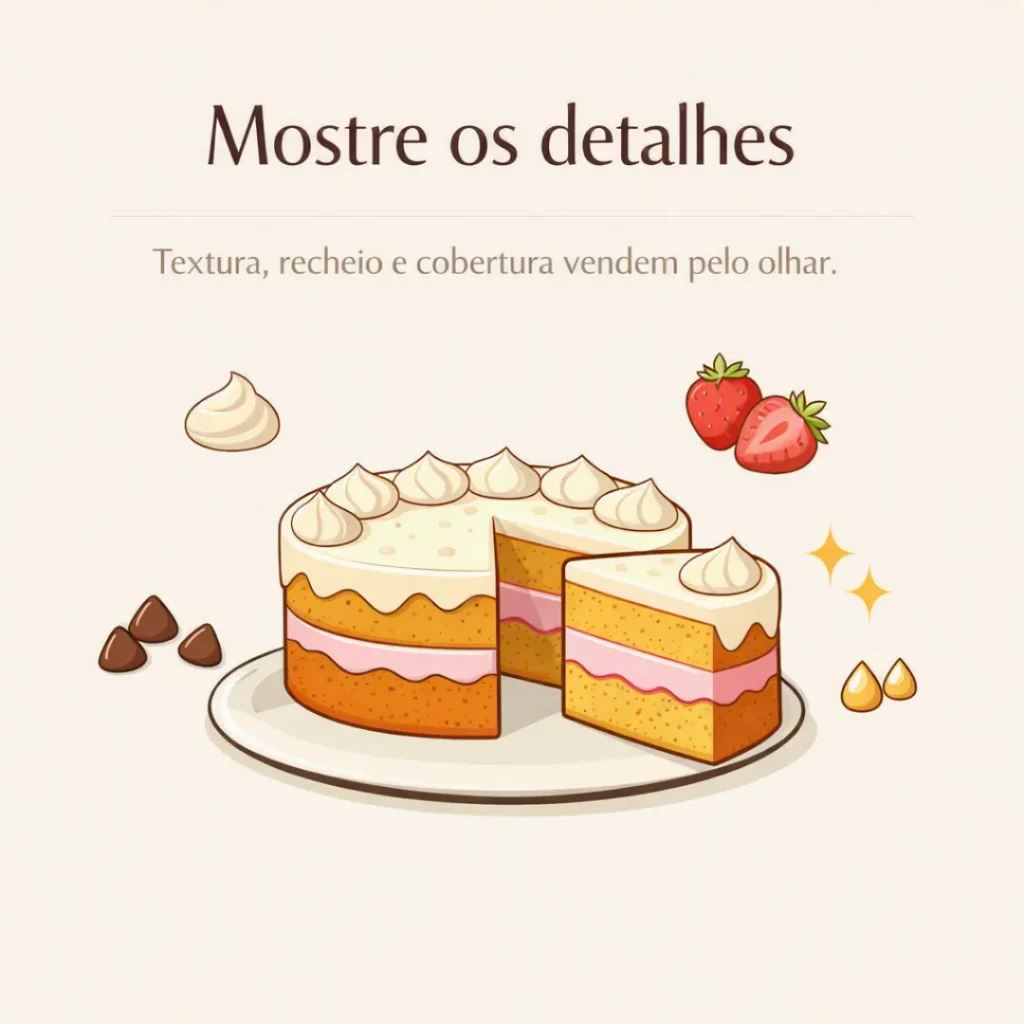 Mostre detalhes da cobertura e textura do bolo caseiro