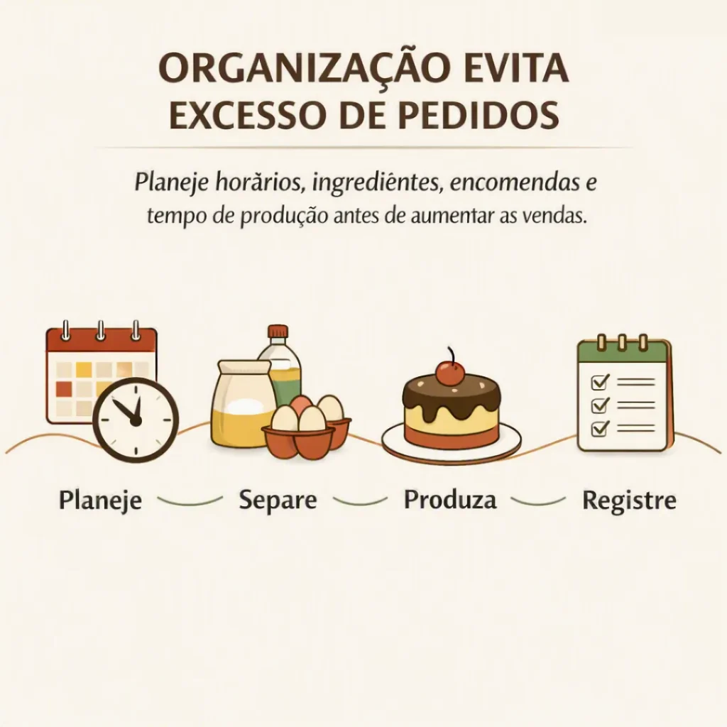 Organização da produção de bolos em casa com controle de pedidos, ingredientes, tempo, vendas e gastos