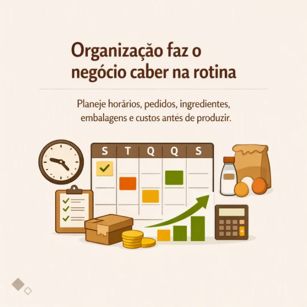 Organização da produção de bolos caseiros para conciliar pedidos e tarefas da família