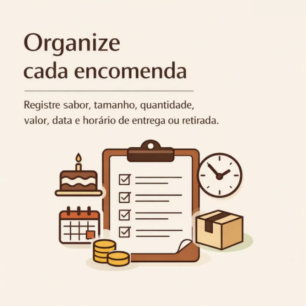 Organizar cada encomenda de bolos com sabor, tamanho, quantidade, valor e entrega