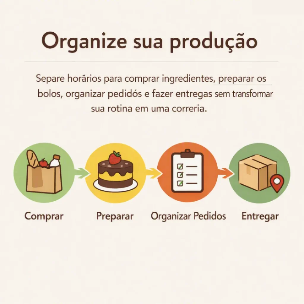 Card sobre organizar horários para ingredientes, preparo dos bolos, pedidos e entregas.