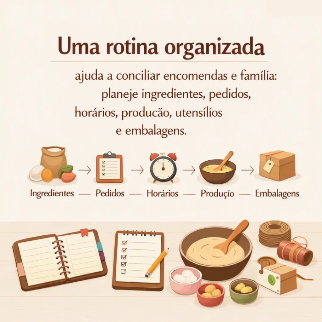 Organização da produção de bolos em casa para conciliar encomendas e rotina familiar