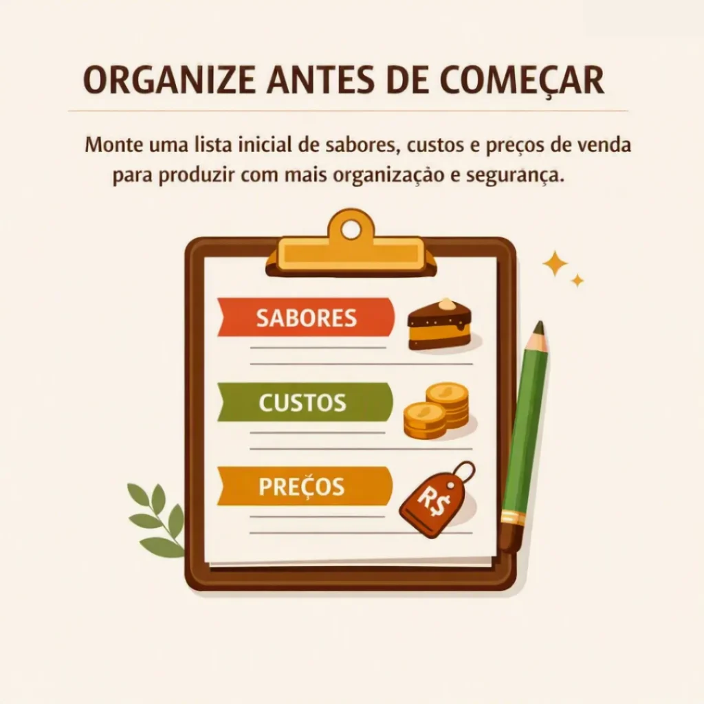 Organização de sabores, custos e preços antes de começar a produção de bolos