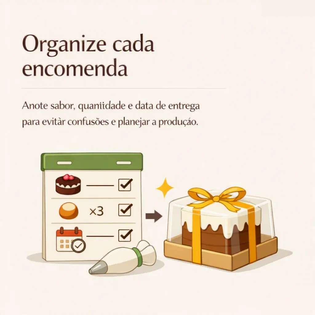 Bolo com cobertura, decoração simples e embalagem organizada para valorizar a apresentação
