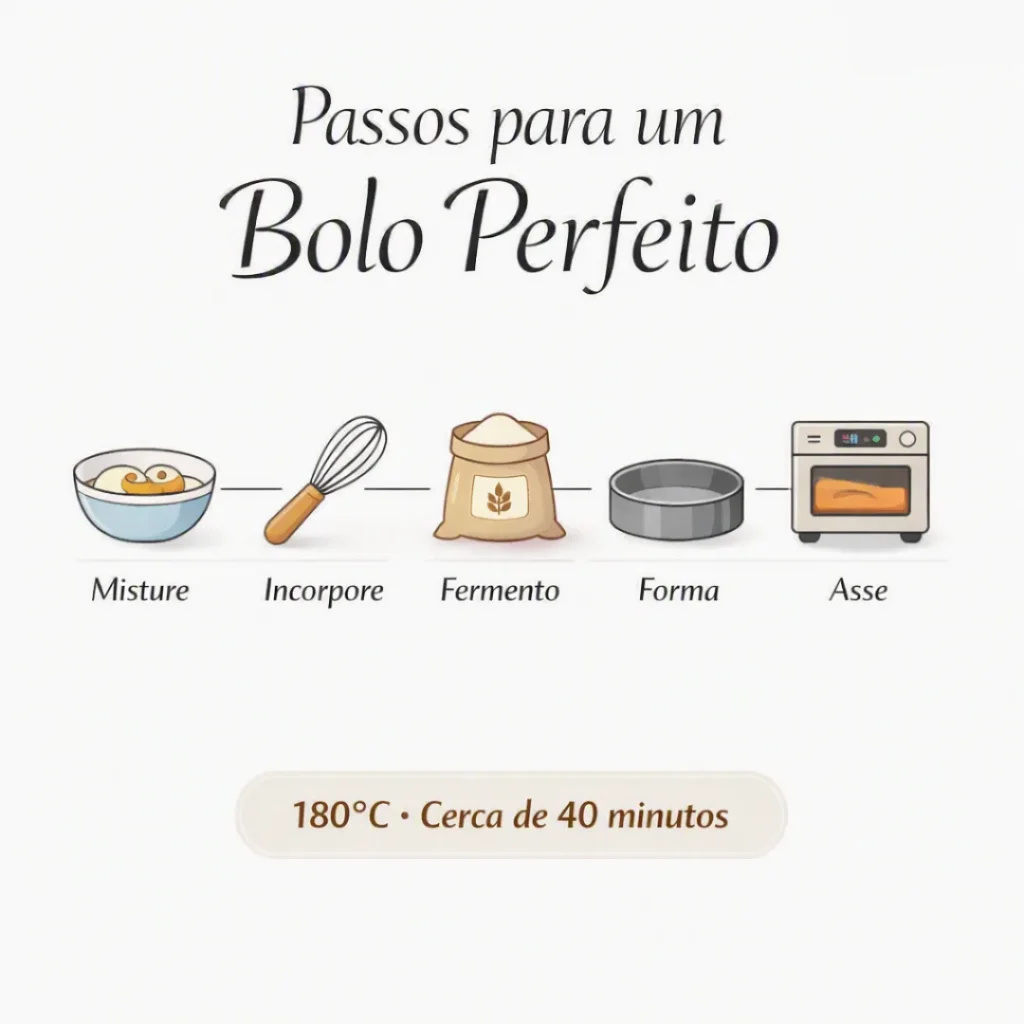 Passos para preparar um bolo caseiro fofinho com textura macia e crescimento uniforme.