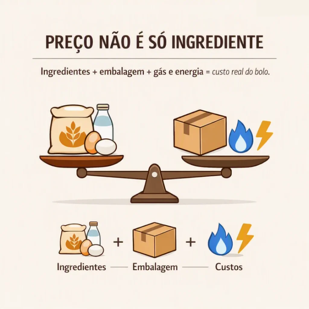 Cálculo do preço de venda do bolo considerando ingredientes, embalagem, gás e energia