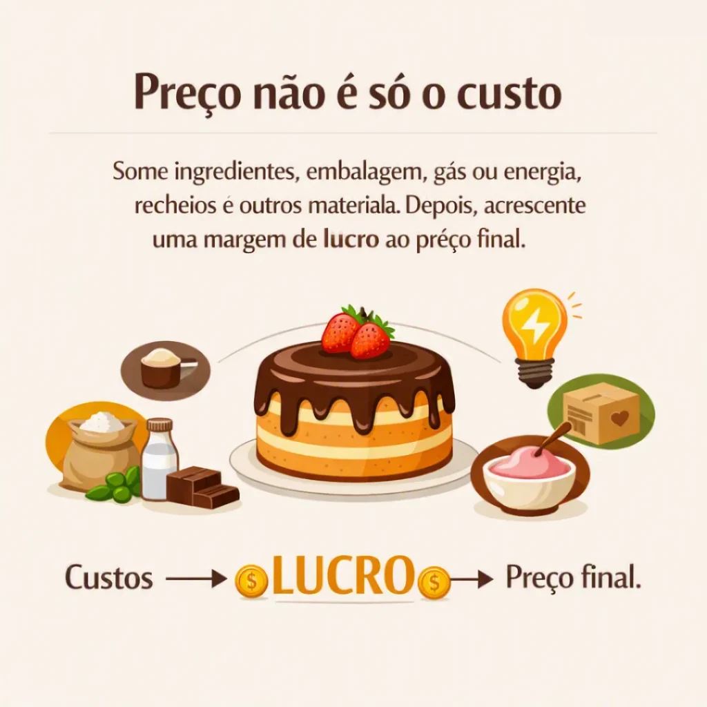 Card sobre calcular ingredientes, embalagem, gás ou energia, coberturas, recheios e outros custos do bolo.