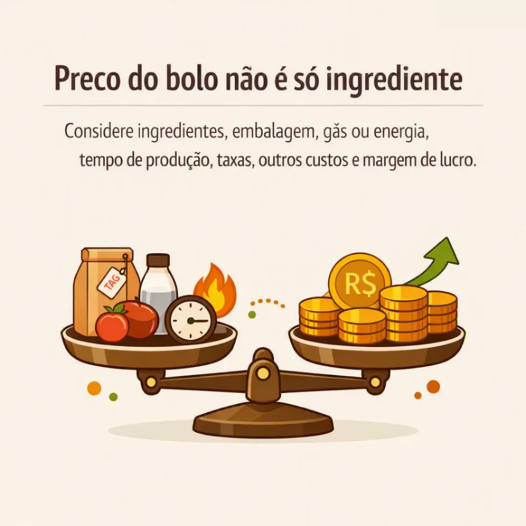 Bolo caseiro acompanhado de custos e dinheiro para representar a precificação
