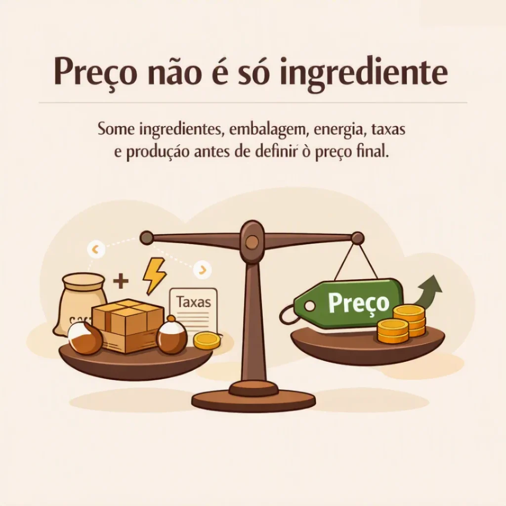 Calcular o preço dos bolos considerando ingredientes, embalagem, energia, tempo e margem de lucro