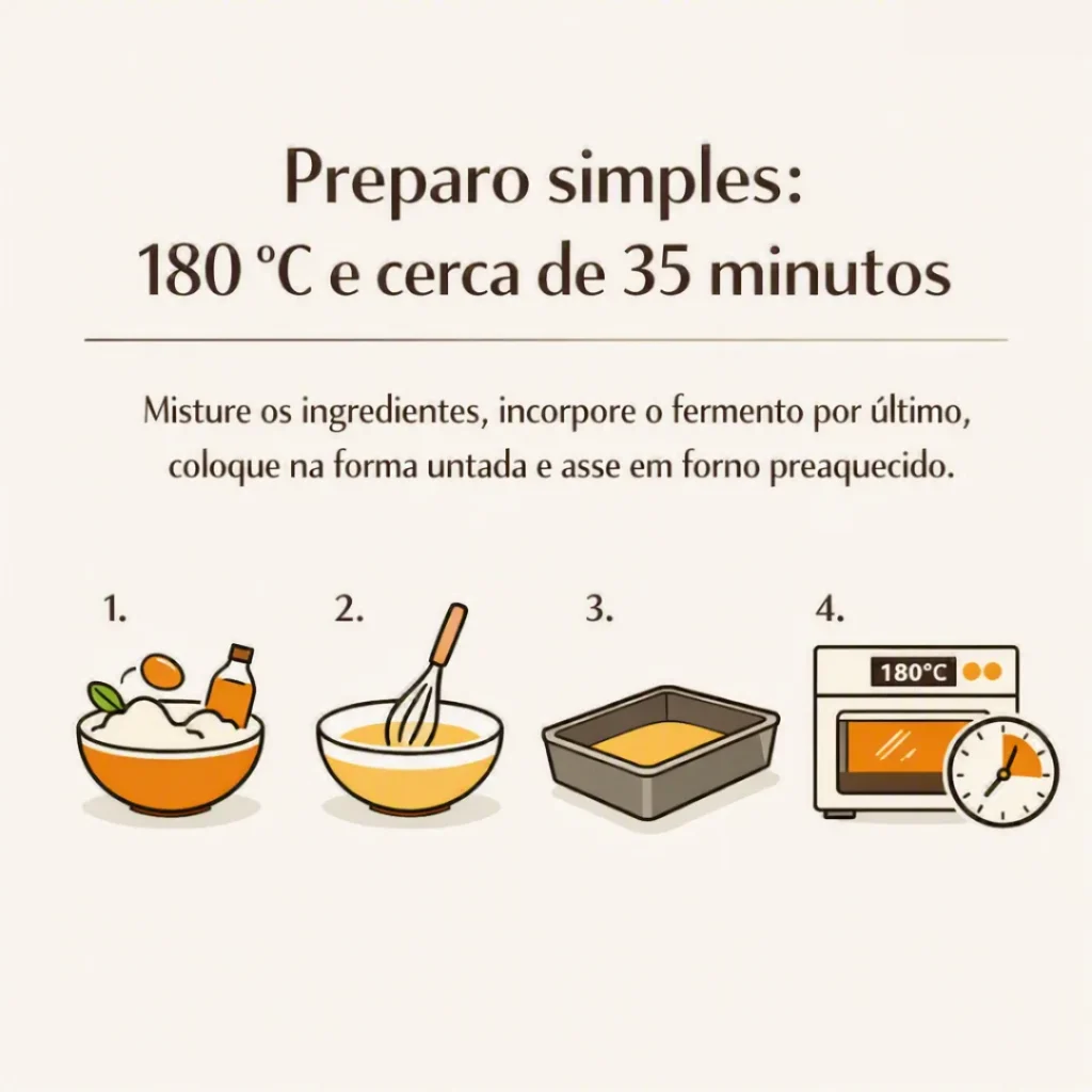 Preparo de bolo simples com forno preaquecido a 180 °C por aproximadamente 35 minutos