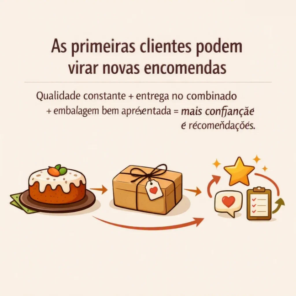 Bolo caseiro, embalagem e elementos que representam primeiras clientes e novas encomendas