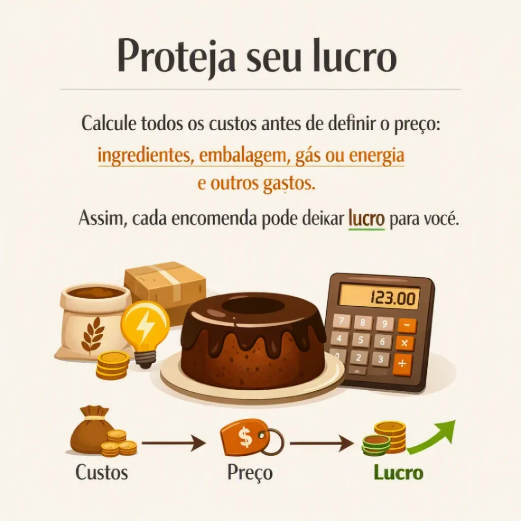 Bolo caseiro e elementos que representam custos e lucro na venda
