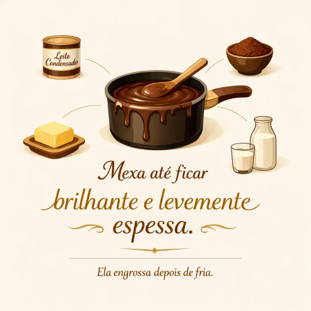 Finalização com calda cremosa na receita de bolo caseiro de chocolate.