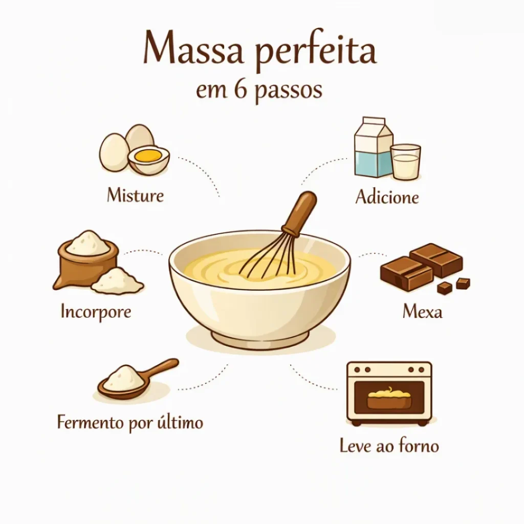 Passo a passo para preparar a massa da receita de bolo caseiro de chocolate.