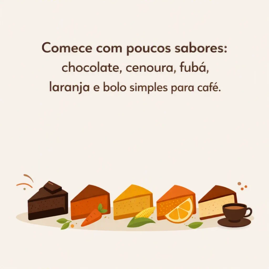 Sabores de bolos caseiros para começar a vender, como chocolate, cenoura, fubá e laranja