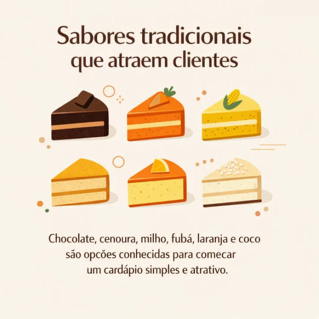 Sabores tradicionais de bolos caseiros que vendem, como chocolate, cenoura, milho, fubá, laranja e coco