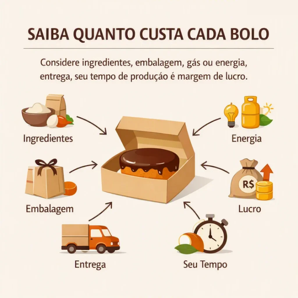 Custos de ingredientes, embalagem, gás ou energia e produção de cada bolo