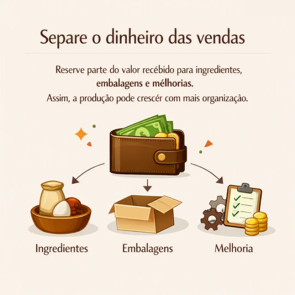 Separar o dinheiro das vendas para comprar ingredientes, repor embalagens e melhorar a produção