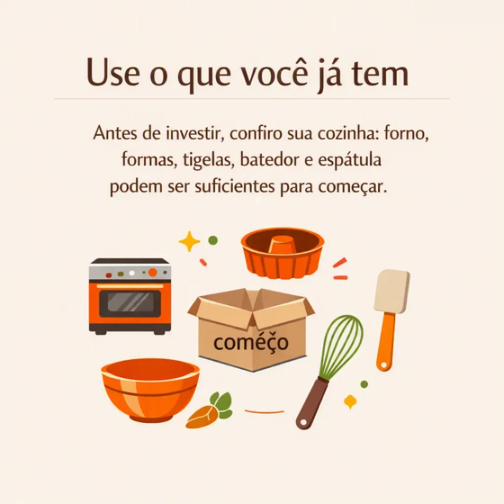 Usar forno, formas, tigelas, batedor, espátula e utensílios básicos disponíveis na cozinha