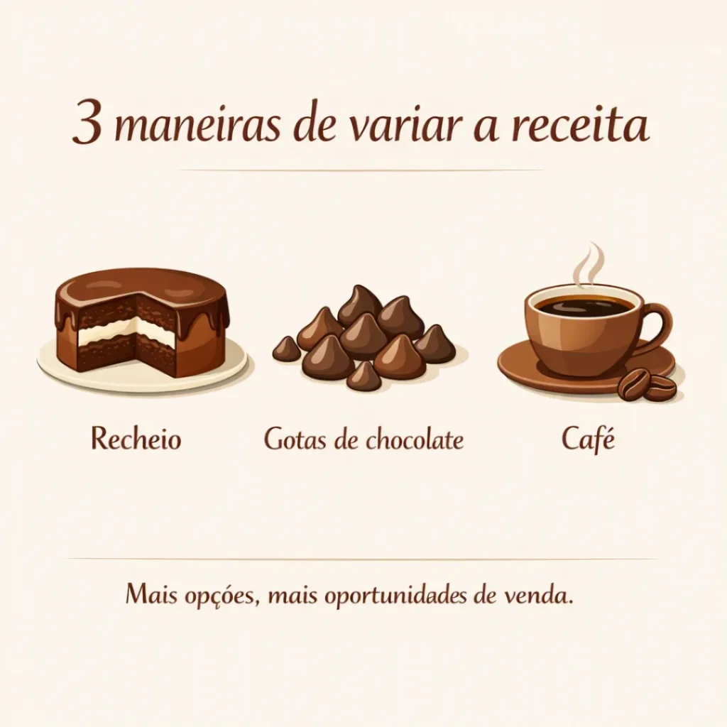 Variações da receita de bolo caseiro de chocolate com recheio, café e gotas.