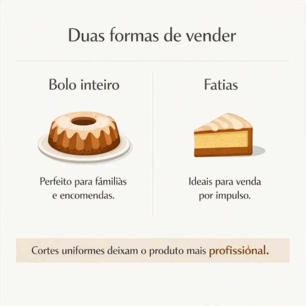 Comparação entre vender bolo caseiro inteiro ou em fatias para aumentar as oportunidades de venda.