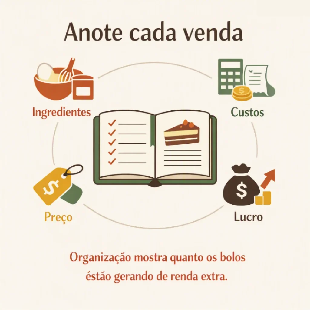 Anotação das vendas, ingredientes, custos e lucros dos bolos