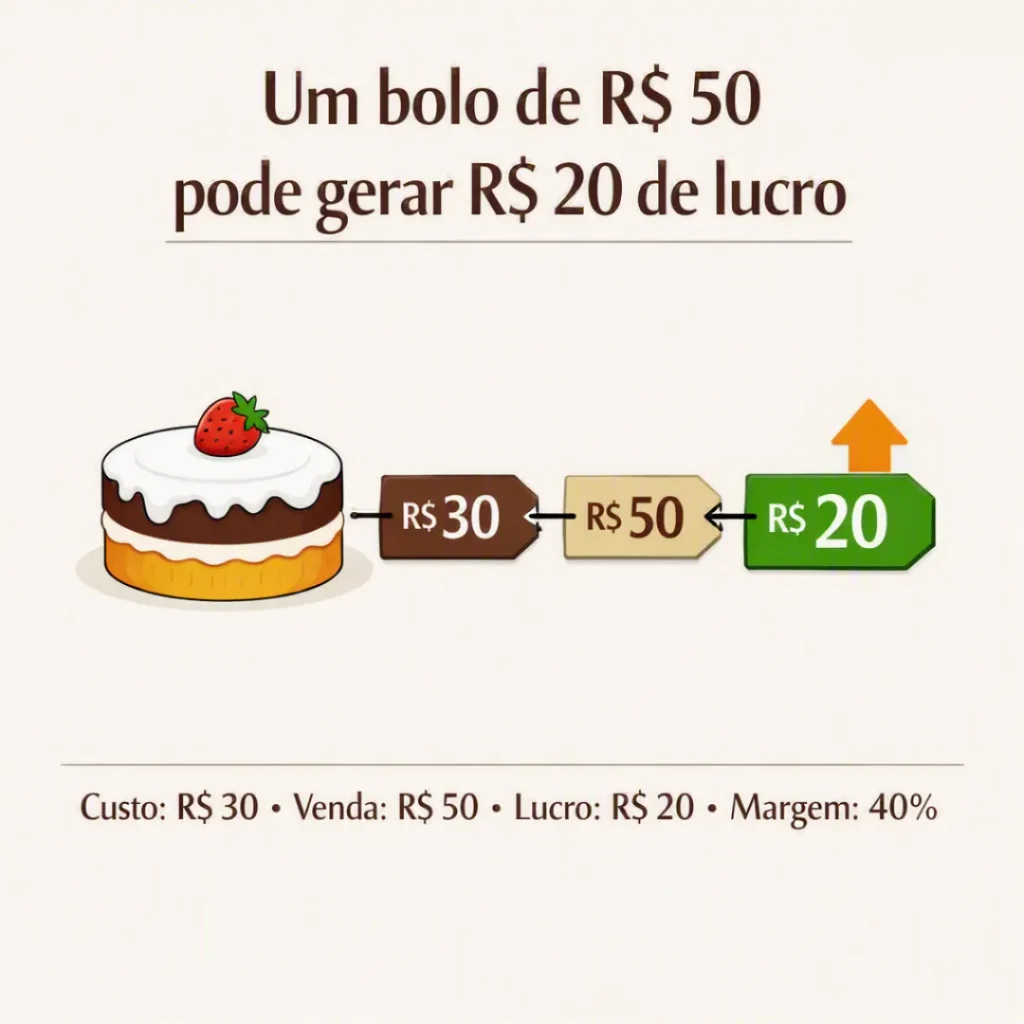 Exemplo de bolo de R$ 50 com R$ 30 de custo e R$ 20 de lucro