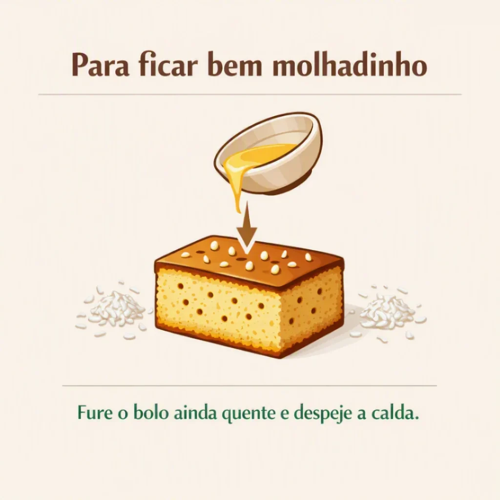 Bolo de coco recebendo a calda para ficar bem molhadinho