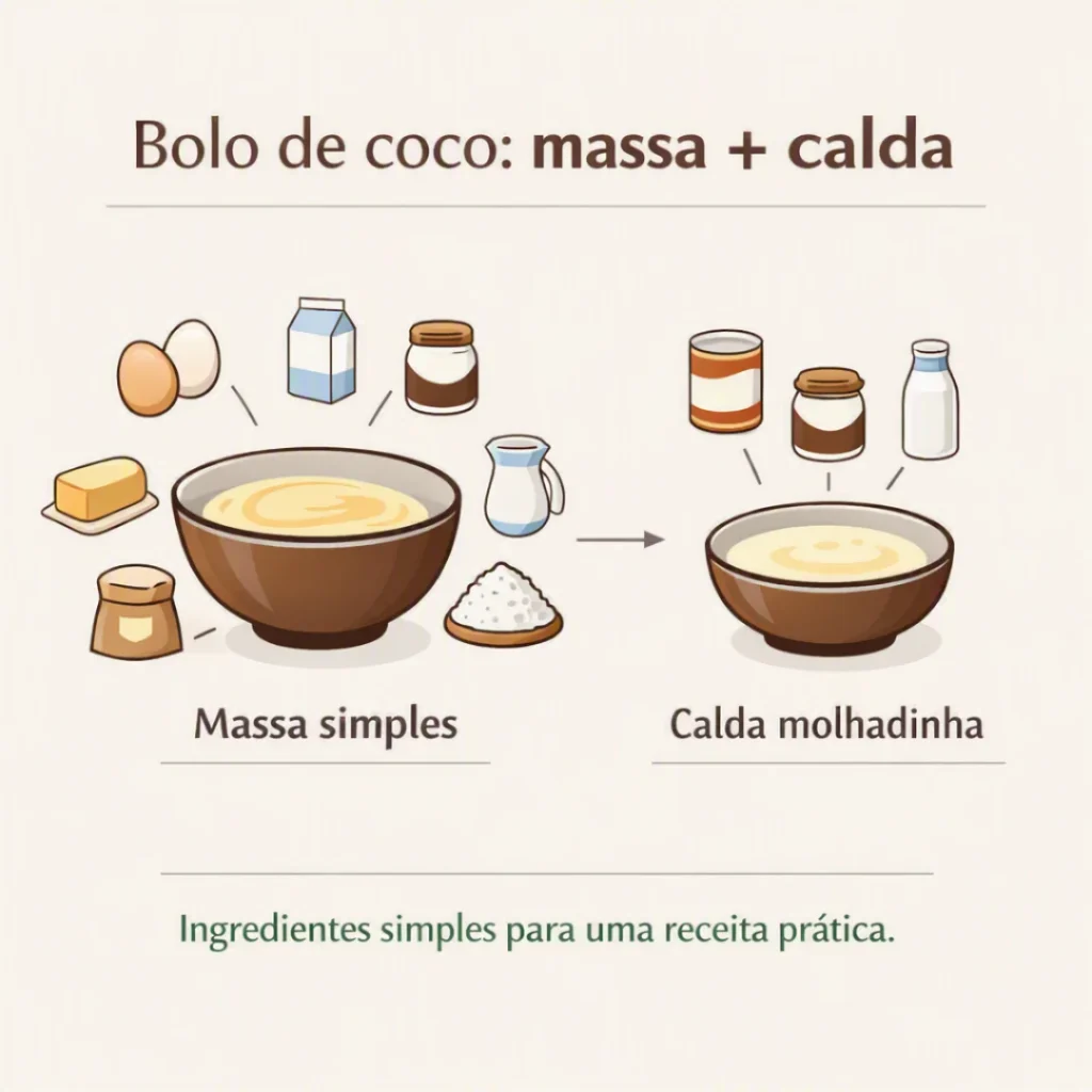 Ingredientes da massa e da calda para preparar bolo de coco gelado