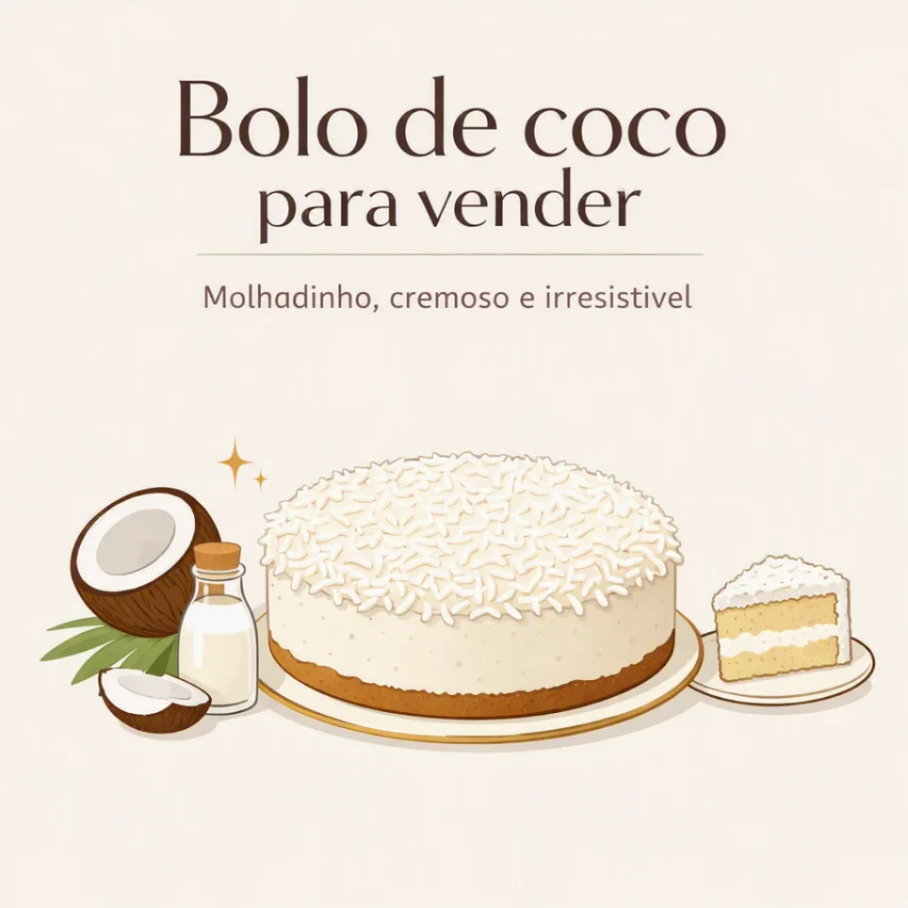 Bolo de coco molhadinho, cremoso e finalizado com coco ralado