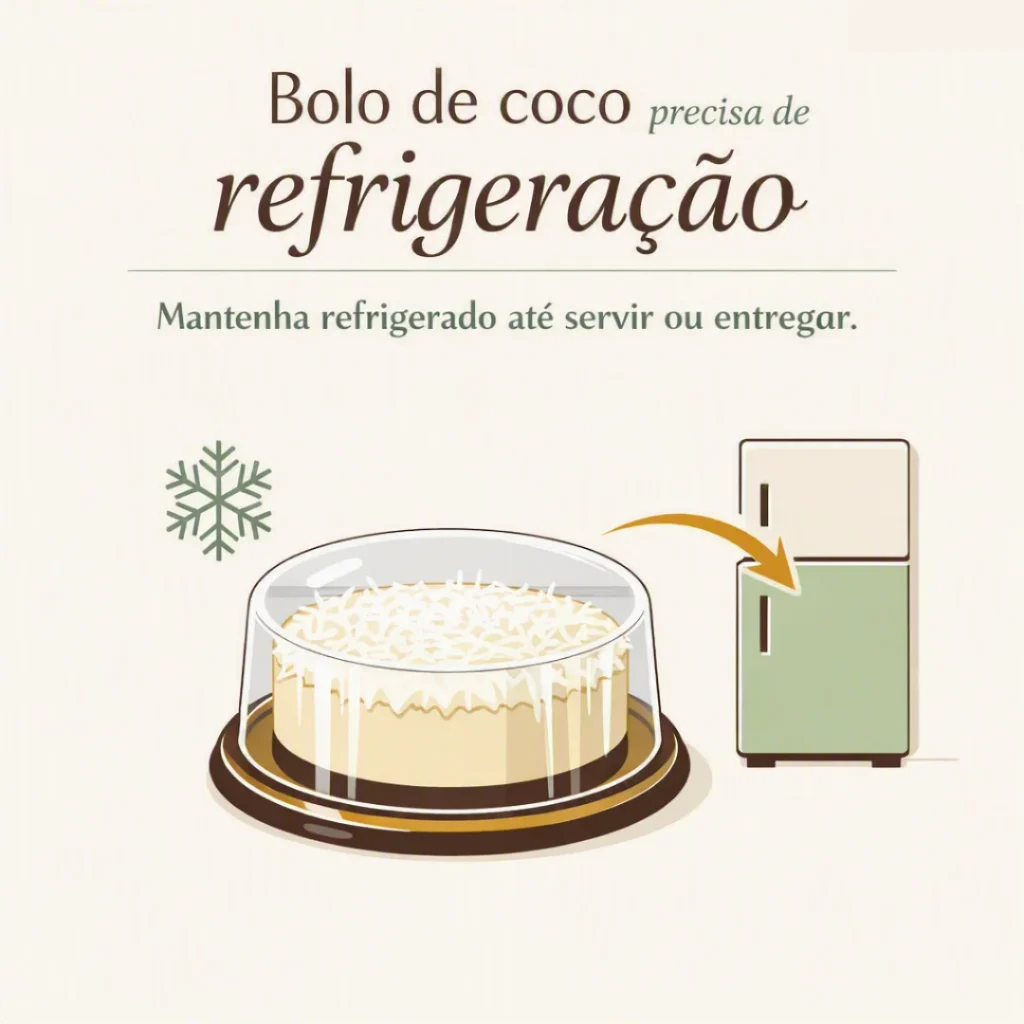 Bolo de coco embalado e refrigerado para conservar até servir ou entregar ao cliente