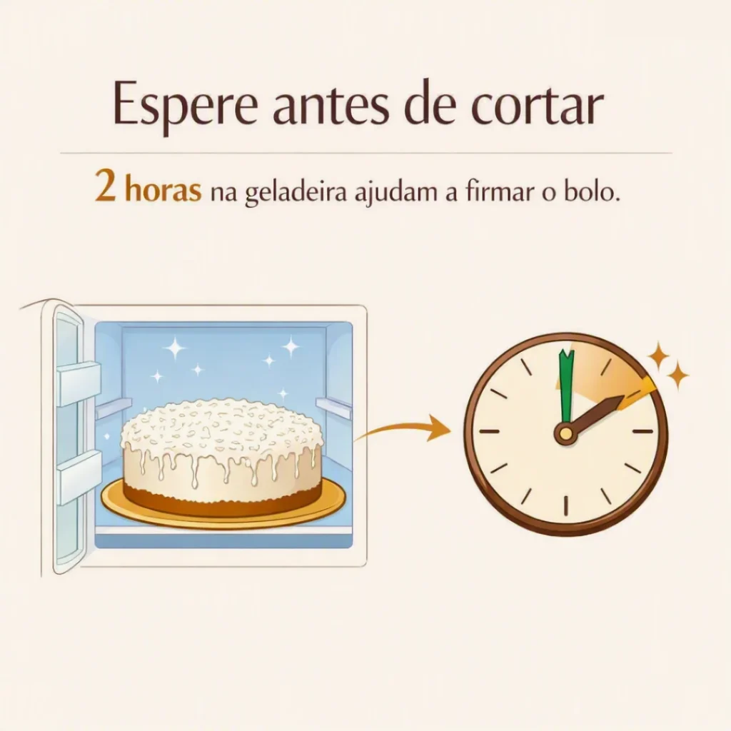 Bolo de coco refrigerado antes de ser cortado para firmar a textura