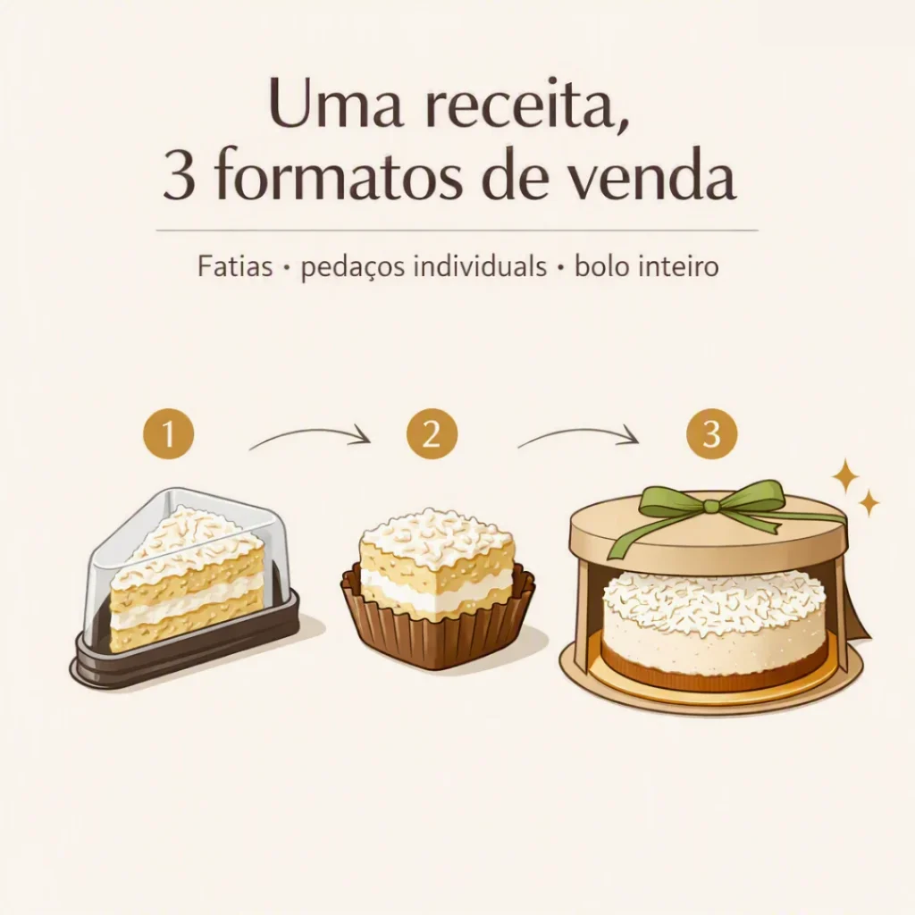 Bolo de coco apresentado em fatias, pedaços individuais e inteiro