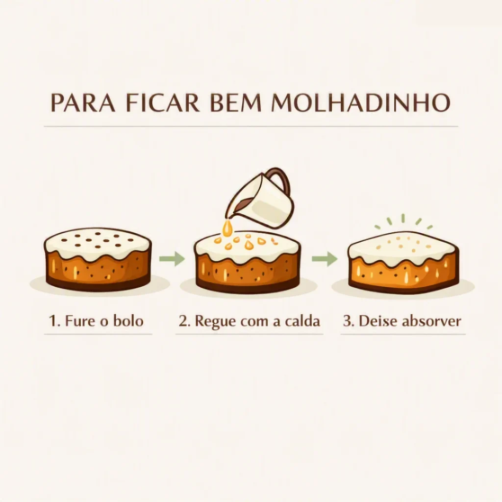 Bolo furado com garfo e regado com calda cremosa para ficar molhadinho
