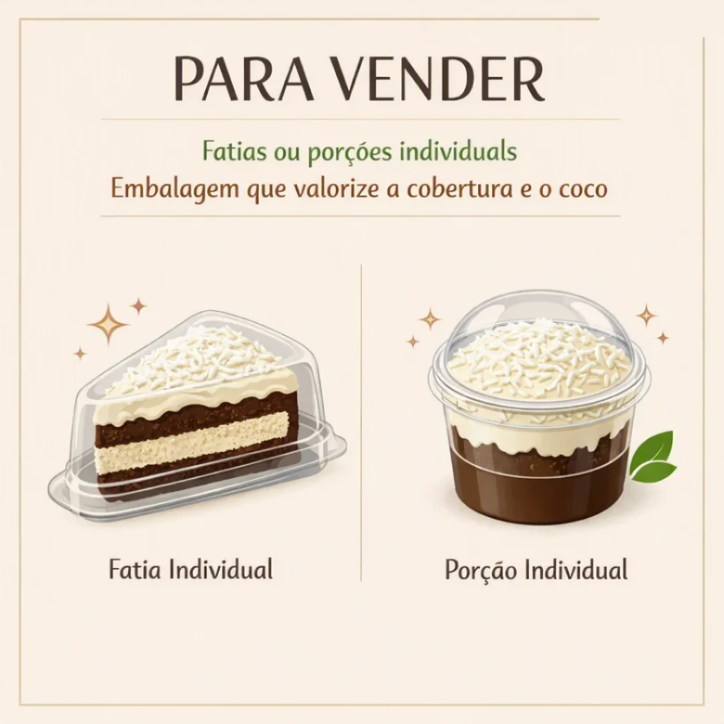 Bolo gelado de coco apresentado em fatias e porções individuais para vender
