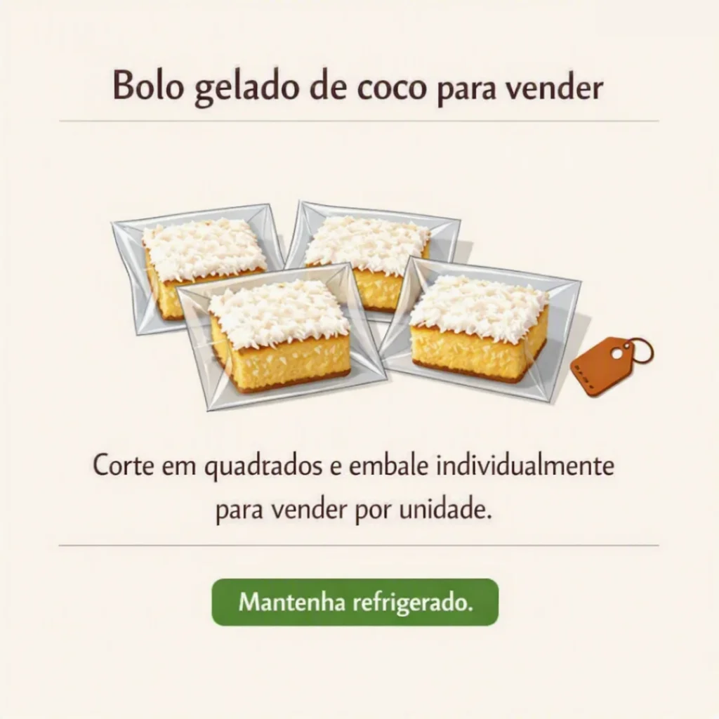Bolo gelado de coco cremoso cortado em quadrados para venda individual
