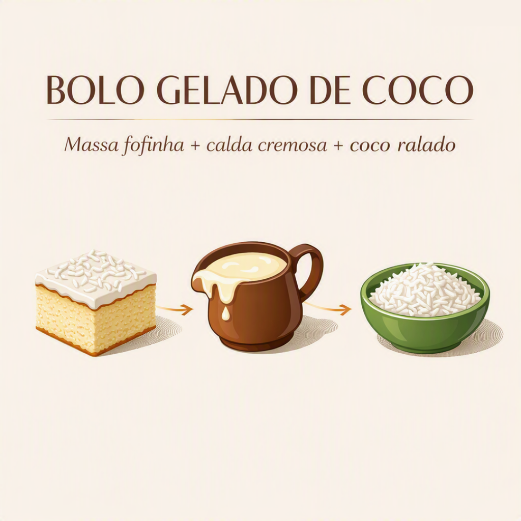 Bolo gelado de coco com massa fofinha e cobertura de coco ralado