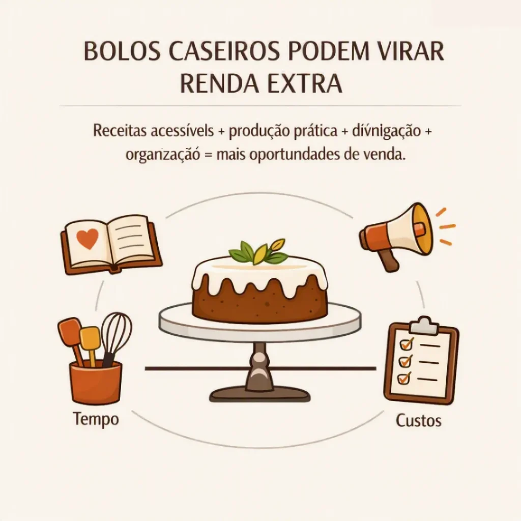 Bolo caseiro, ingredientes e elementos de produção representando oportunidades de renda extra em casa