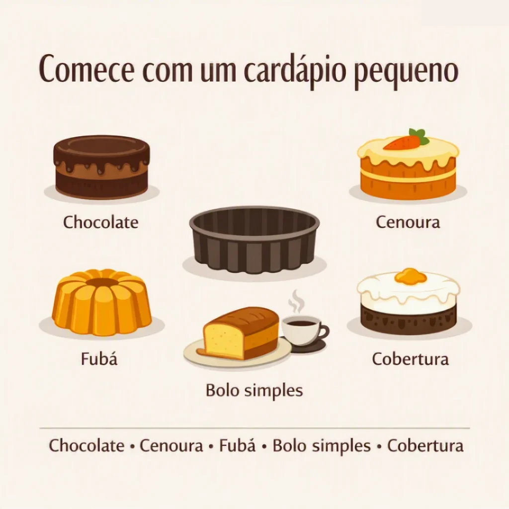 Opções de bolos para fazer e vender, como chocolate, cenoura, fubá e bolos com cobertura