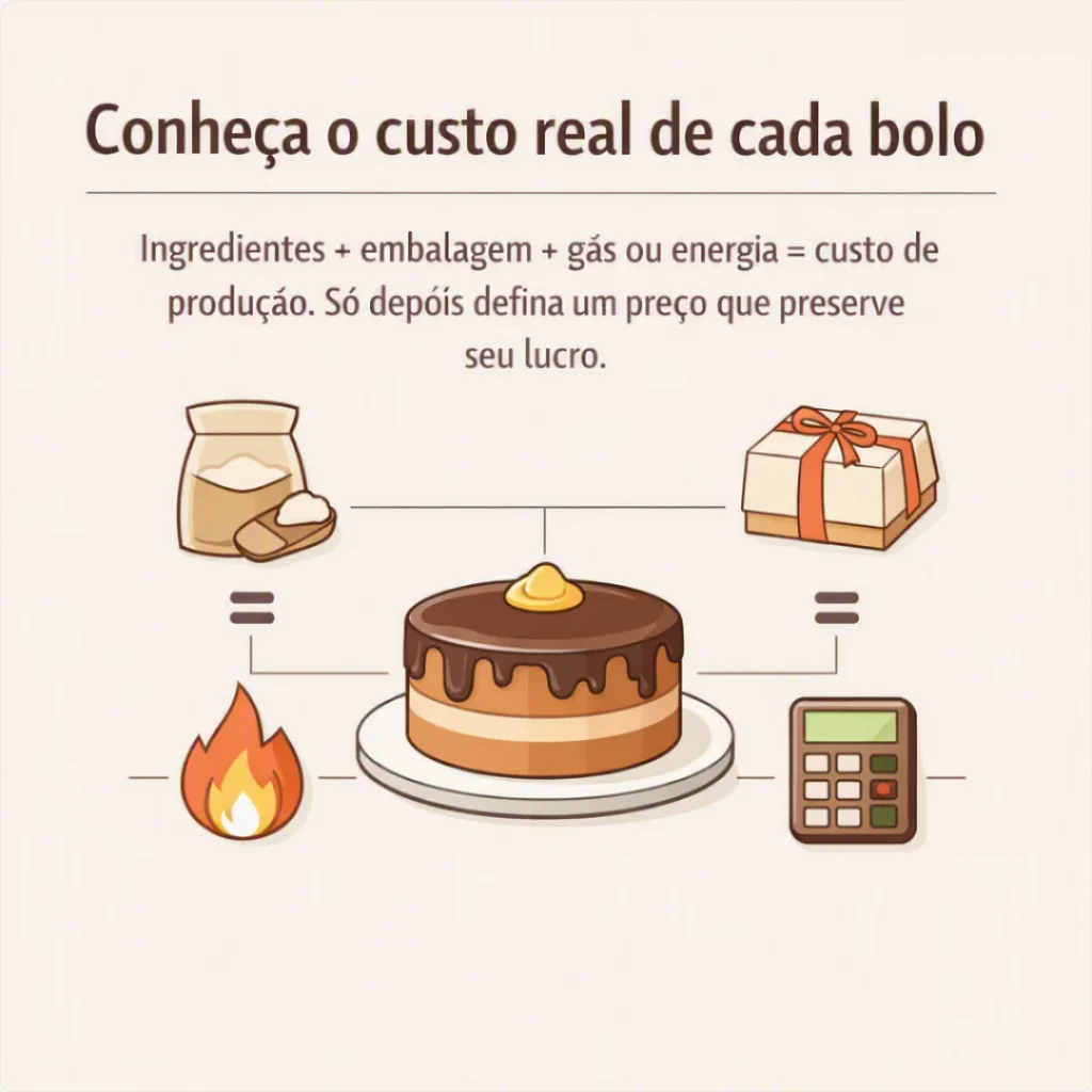 Cálculo do custo real de um bolo considerando ingredientes, embalagem, gás ou energia