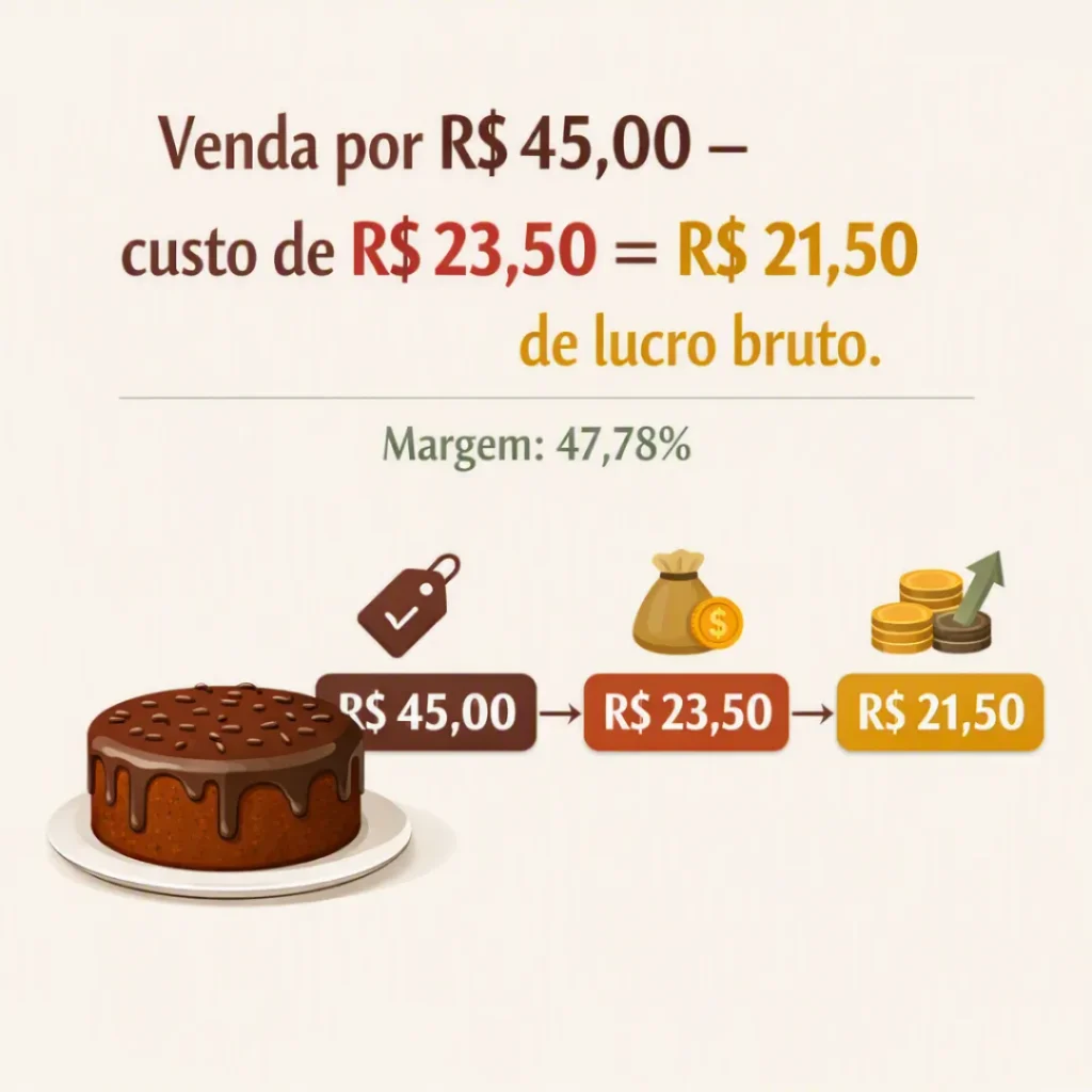 Ilustração de bolo com custos de R$ 23,50, venda por R$ 45,00 e lucro bruto de R$ 21,50