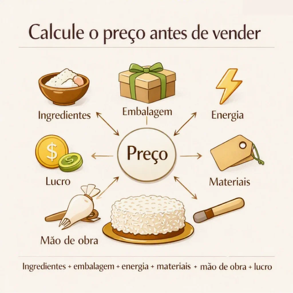 Cálculo do preço do bolo de coco considerando ingredientes, embalagem, energia, mão de obra e lucro