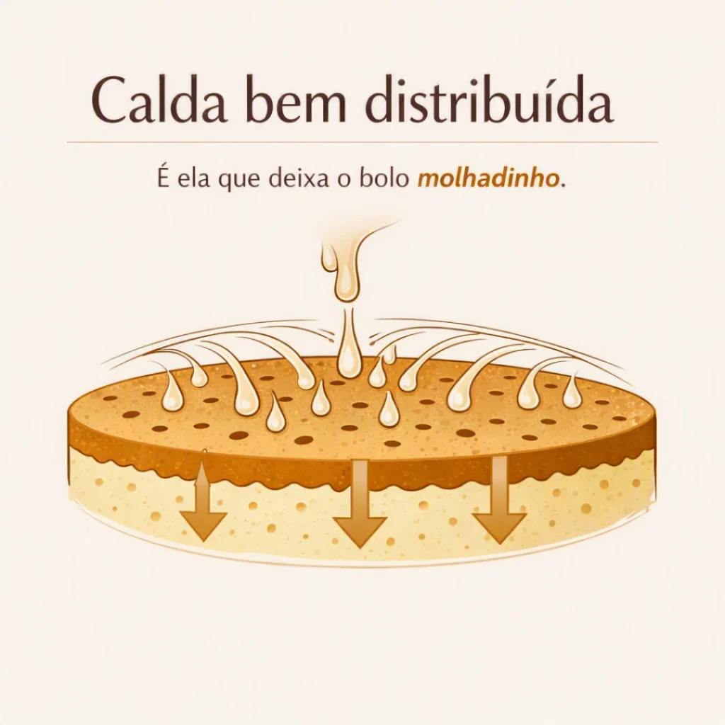 Calda de leite de coco, leite e leite condensado distribuída sobre o bolo