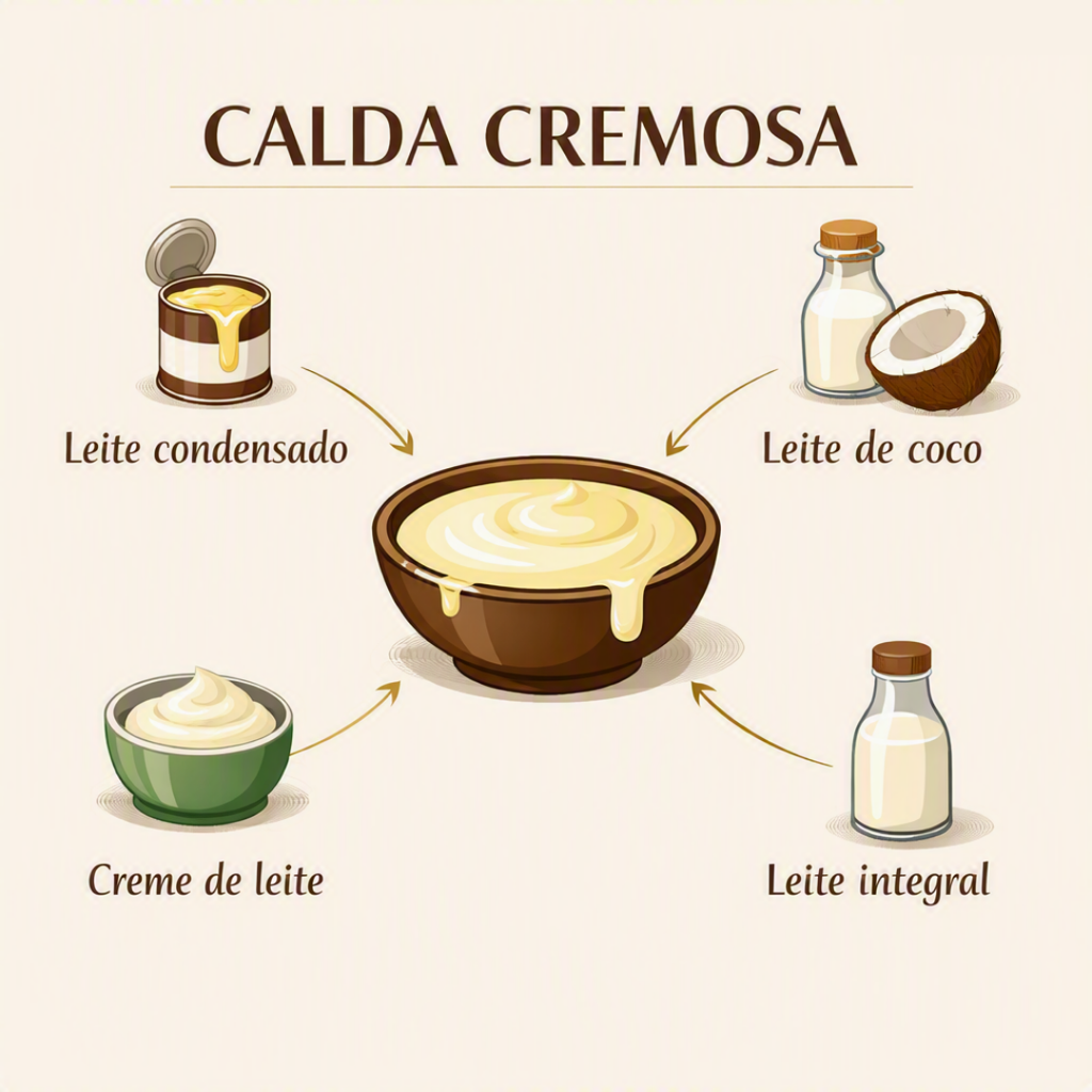 Calda cremosa com leite condensado, leite de coco, creme de leite e leite integral